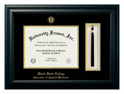 Stark State College Associate of Applied Business Diploma with Tassel Box Frame in Satin Black with Black & Gold Mats for DOCUMENT: 8 1/2"H X 11"W  