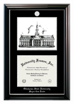 Oklahoma State University Magna Cum Laude Double Opening with Campus Image (Stacked) Frame in Classic Ebony with Silver Trim with Black & Silver Mats for document: 8 1/2"h x 11"w  