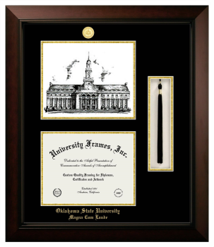 Oklahoma State University Magna Cum Laude Double Opening with Campus Image & Tassel Box (Stacked) Frame in Legacy Black Cherry with Black & Gold Mats for document: 8 1/2"h x 11"w  