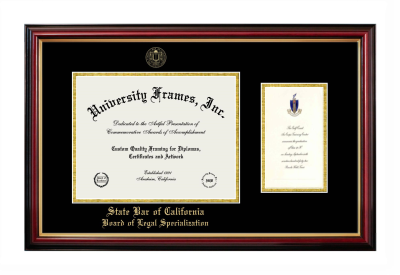 State Bar of California Board of Legal Specialization Diploma with Announcement Frame in Petite Mahogany with Gold Trim with Black & Gold Mats for document: 8 1/2"h x 11"w  , diploma: 7"h x 4"w  