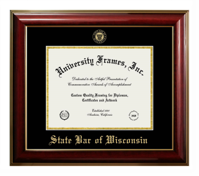 State Bar of Wisconsin Diploma Frame in Classic Mahogany with Gold Trim with Black & Gold Mats for DOCUMENT: 8 1/2"H X 11"W  