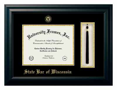 State Bar of Wisconsin Diploma with Tassel Box Frame in Satin Black with Black & Gold Mats for DOCUMENT: 8 1/2"H X 11"W  