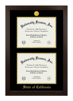 State of California Double Degree (Stacked) Frame in Manhattan Espresso with Black & Gold Mats for DOCUMENT: 8 1/2"H X 11"W  , DOCUMENT: 8 1/2"H X 11"W  