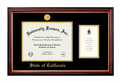 State of California Diploma with Announcement Frame in Petite Mahogany with Gold Trim with Black & Gold Mats for DOCUMENT: 8 1/2"H X 11"W  ,  7"H X 4"W  