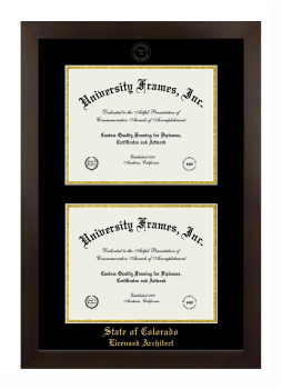 State of Colorado Licensed Architect Double Degree (Stacked) Frame in Manhattan Espresso with Black & Gold Mats for document: 8 1/2"h x 11"w  , document: 8 1/2"h x 11"w  