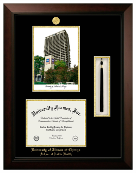 University of Illinois at Chicago School of Public Health Double Opening with Campus Image & Tassel Box (Stacked) Frame in Legacy Black Cherry with Black & Gold Mats for document: 8 1/2"h x 11"w  