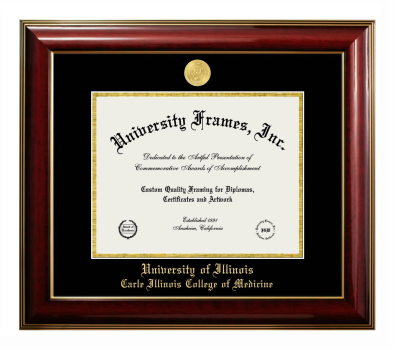 University of Illinois Carle Illinois College of Medicine Diploma Frame in Classic Mahogany with Gold Trim with Black & Gold Mats for DOCUMENT: 8 1/2"H X 11"W  
