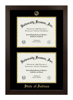 State of Indiana Double Degree (Stacked) Frame in Manhattan Espresso with Black & Gold Mats for document: 8 1/2"h x 11"w  , document: 8 1/2"h x 11"w  