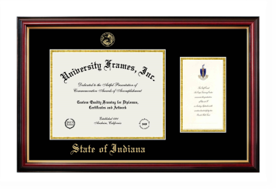 State of Indiana Diploma with Announcement Frame in Petite Mahogany with Gold Trim with Black & Gold Mats for document: 8 1/2"h x 11"w  , diploma: 7"h x 4"w  