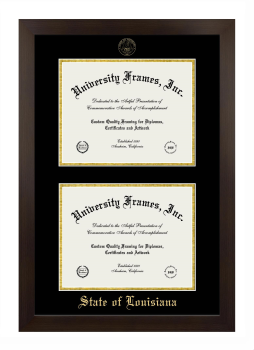 State of Louisiana Double Degree (Stacked) Frame in Manhattan Espresso with Black & Gold Mats for document: 8 1/2"h x 11"w  , document: 8 1/2"h x 11"w  