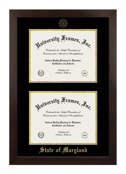 State of Maryland Double Degree (Stacked) Frame in Manhattan Espresso with Black & Gold Mats for document: 8 1/2"h x 11"w  , document: 8 1/2"h x 11"w  