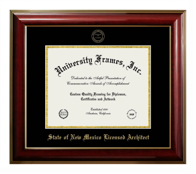 State of New Mexico Licensed Architect Diploma Frame in Classic Mahogany with Gold Trim with Black & Gold Mats for DOCUMENT: 8 1/2"H X 11"W  