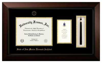 State of New Mexico Licensed Architect Diploma with Announcement & Tassel Box Frame in Legacy Black Cherry with Black & Gold Mats for document: 8 1/2"h x 11"w  , diploma: 7"h x 4"w  