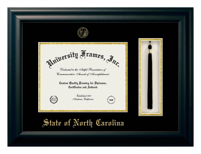 State of North Carolina Diploma with Tassel Box Frame in Satin Black with Black & Gold Mats for document: 8 1/2"h x 11"w  