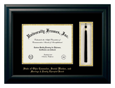 State of Ohio Counselor, Social Worker, and Marriage & Family Therapist Board Diploma with Tassel Box Frame in Satin Black with Black & Gold Mats for document: 8 1/2"h x 11"w  