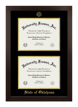 State of Oklahoma Double Degree (Stacked) Frame in Manhattan Espresso with Black & Gold Mats for document: 8 1/2"h x 11"w  , document: 8 1/2"h x 11"w  