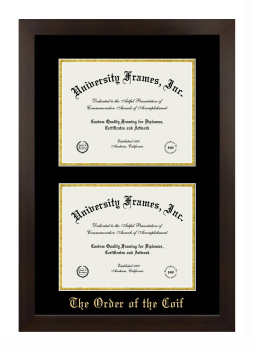 Order of the Coif Double Degree (Stacked) Frame in Manhattan Espresso with Black & Gold Mats for document: 8 1/2"h x 11"w  , document: 8 1/2"h x 11"w  