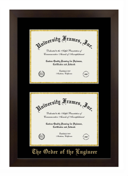 Order of the Engineer Double Degree (Stacked) Frame in Manhattan Espresso with Black & Gold Mats for document: 8 1/2"h x 11"w  , document: 8 1/2"h x 11"w  