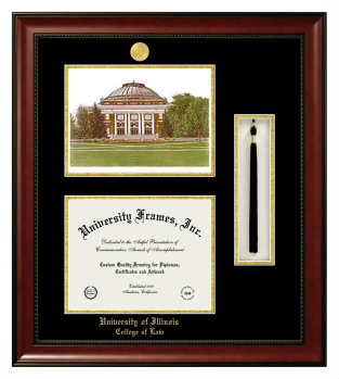 University of Illinois College of Law Double Opening with Campus Image & Tassel Box (Stacked) Frame in Avalon Mahogany with Black & Gold Mats for document: 8 1/2"h x 11"w  