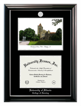 University of Illinois College of Nursing Double Opening with Campus Image (Stacked) Frame in Classic Ebony with Silver Trim with Black & Silver Mats for document: 8 1/2"h x 11"w  