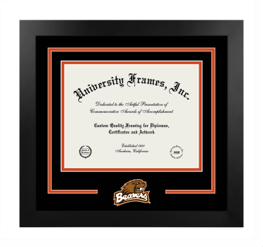 Oregon State University College of Engineering Logo Mat Frame in Manhattan Black with Black & Orange Mats for document: 8 1/2"h x 11"w  