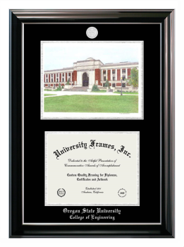 Oregon State University College of Engineering Double Opening with Campus Image (Stacked) Frame in Classic Ebony with Silver Trim with Black & Silver Mats for document: 8 1/2"h x 11"w  