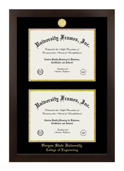 Oregon State University College of Engineering Double Degree (Stacked) Frame in Manhattan Espresso with Black & Gold Mats for document: 8 1/2"h x 11"w  , document: 8 1/2"h x 11"w  