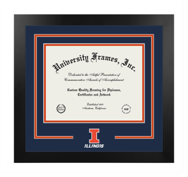 University of Illinois Division of General Studies Logo Mat Frame in Manhattan Black with Navy Blue & Orange Mats for document: 8 1/2"h x 11"w  