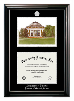 University of Illinois Division of General Studies Double Opening with Campus Image (Stacked) Frame in Classic Ebony with Silver Trim with Black & Silver Mats for document: 8 1/2"h x 11"w  