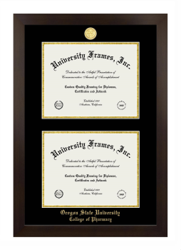Oregon State University College of Pharmacy Double Degree (Stacked) Frame in Manhattan Espresso with Black & Gold Mats for document: 8 1/2"h x 11"w  , document: 8 1/2"h x 11"w  