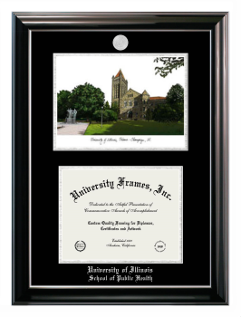 University of Illinois School of Public Health Double Opening with Campus Image (Stacked) Frame in Classic Ebony with Silver Trim with Black & Silver Mats for document: 8 1/2"h x 11"w  