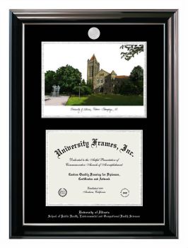 University of Illinois School of Public Health, Environmental and Occupational Health Sciences Double Opening with Campus Image (Stacked) Frame in Classic Ebony with Silver Trim with Black & Silver Mats for document: 8 1/2"h x 11"w  