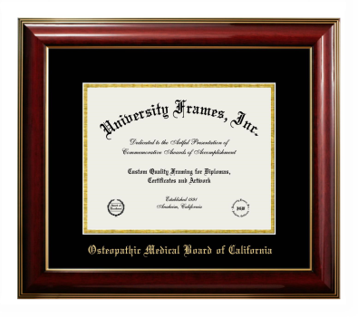 Osteopathic Medical Board of California Diploma Frame in Classic Mahogany with Gold Trim with Black & Gold Mats for DOCUMENT: 8 1/2"H X 11"W  