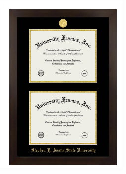 Stephen F. Austin State University Double Degree (Stacked) Frame in Manhattan Espresso with Black & Gold Mats for document: 8 1/2"h x 11"w  , document: 8 1/2"h x 11"w  