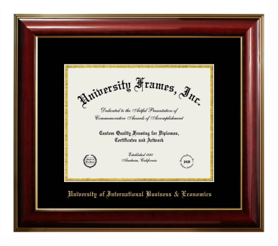University of International Business & Economics Diploma Frame in Classic Mahogany with Gold Trim with Black & Gold Mats for DOCUMENT: 8 1/2"H X 11"W  