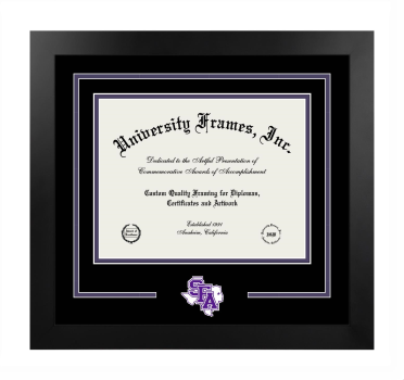 Stephen F. Austin State University Arthur Temple College of Forestry and Agriculture Logo Mat Frame in Manhattan Black with Black & Purple Mats for document: 8 1/2"h x 11"w  