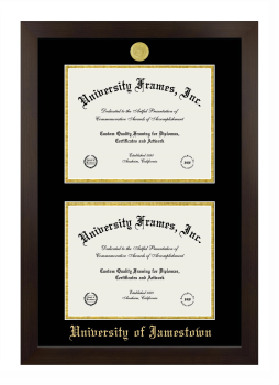 University of Jamestown Double Degree (Stacked) Frame in Manhattan Espresso with Black & Gold Mats for document: 8 1/2"h x 11"w  , document: 8 1/2"h x 11"w  