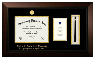 Stephen F. Austin State University College of Liberal & Applied Arts Diploma with Announcement & Tassel Box Frame in Legacy Black Cherry with Black & Gold Mats for document: 8 1/2"h x 11"w  , diploma: 7"h x 4"w  