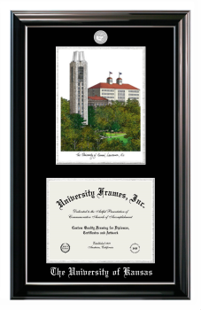 University of Kansas Double Opening with Campus Image (Stacked) Frame in Classic Ebony with Silver Trim with Black & Silver Mats for DOCUMENT: 8 1/2"H X 11"W  