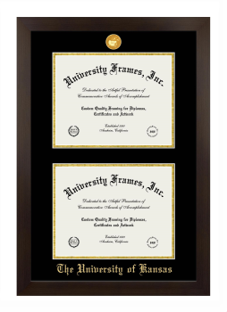 University of Kansas Double Degree (Stacked) Frame in Manhattan Espresso with Black & Gold Mats for DOCUMENT: 8 1/2"H X 11"W  , DOCUMENT: 8 1/2"H X 11"W  