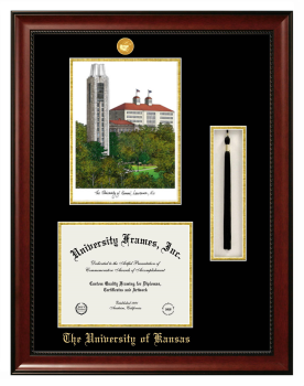 University of Kansas Double Opening with Campus Image & Tassel Box (Stacked) Frame in Avalon Mahogany with Black & Gold Mats for DOCUMENT: 8 1/2"H X 11"W  