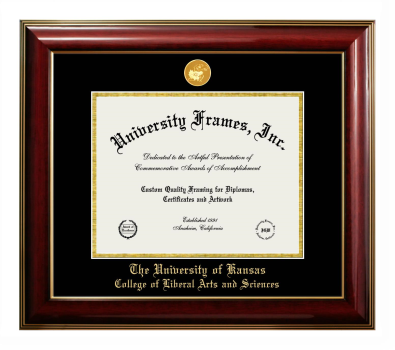 University of Kansas College of Liberal Arts and Sciences Diploma Frame in Classic Mahogany with Gold Trim with Black & Gold Mats for DOCUMENT: 8 1/2"H X 11"W  