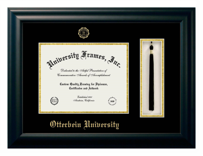 Otterbein University Diploma with Tassel Box Frame in Satin Black with Black & Gold Mats for DOCUMENT: 8 1/2"H X 11"W  
