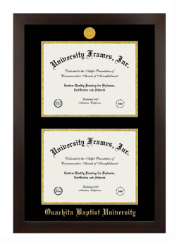 Ouachita Baptist University Double Degree (Stacked) Frame in Manhattan Espresso with Black & Gold Mats for document: 8 1/2"h x 11"w  , document: 8 1/2"h x 11"w  