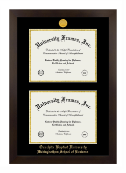 Ouachita Baptist University Hickingbotham School of Business Double Degree (Stacked) Frame in Manhattan Espresso with Black & Gold Mats for document: 8 1/2"h x 11"w  , document: 8 1/2"h x 11"w  