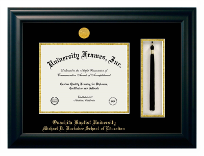 Ouachita Baptist University Michael D. Huckabee School of Education Diploma with Tassel Box Frame in Satin Black with Black & Gold Mats for document: 8 1/2"h x 11"w  