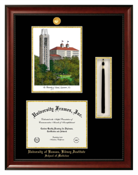 University of Kansas Kidney Institute School of Medicine Double Opening with Campus Image & Tassel Box (Stacked) Frame in Avalon Mahogany with Black & Gold Mats for document: 8 1/2"h x 11"w  