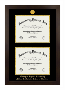 Ouachita Baptist University Michael D. Huckabee School of Education Double Degree (Stacked) Frame in Manhattan Espresso with Black & Gold Mats for document: 8 1/2"h x 11"w  , document: 8 1/2"h x 11"w  