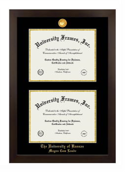 University of Kansas Magna Cum Laude Double Degree (Stacked) Frame in Manhattan Espresso with Black & Gold Mats for document: 8 1/2"h x 11"w  , document: 8 1/2"h x 11"w  