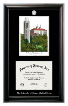 University of Kansas Medical Center Double Opening with Campus Image (Stacked) Frame in Classic Ebony with Silver Trim with Black & Silver Mats for document: 8 1/2"h x 11"w  